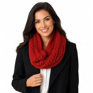 LOFT Red Chunky Knit Infinity Scarf Metallic Shimmer Ribbed Trim Winter‎ 66-46